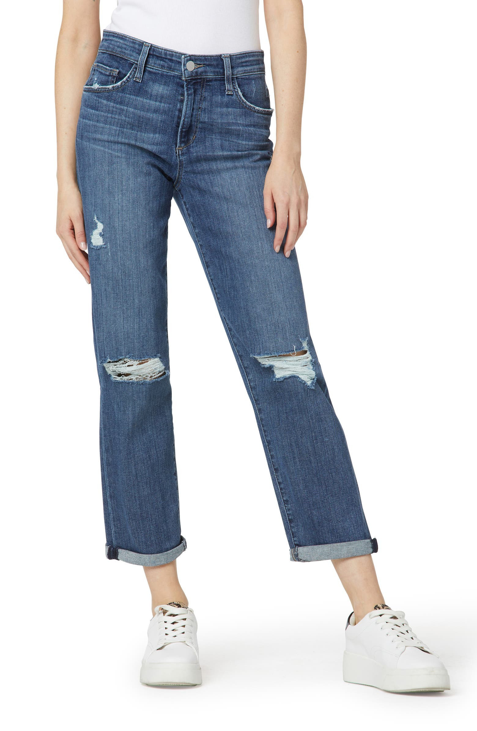 The Niki High Waist Ripped Roll Hem Boyfriend Nonstretch Jeans | Nordstrom | Nordstrom