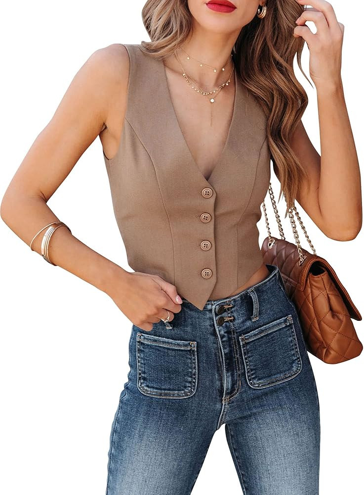 Sunborui Women's Business Button Up Sleeveless Vests Fully Lined V Neck Regular Fitted Jacket Wai... | Amazon (US)