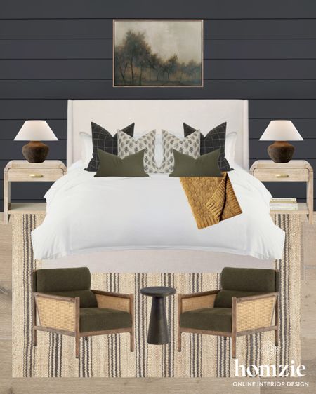 Moody modern bedroom design with neutral bedroom decor. White bedding, neutral rug, white oak nightstands, abstract landscape, moody pillow combo 

#LTKstyletip #LTKfamily #LTKhome