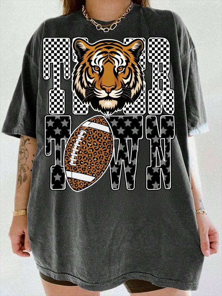 Tiger Town Football T-Shirt, Leopard Football Shirt, Game Day Spirit Shirt, Checker Star Print Shirts, Fall Mascot Tee | SHEIN