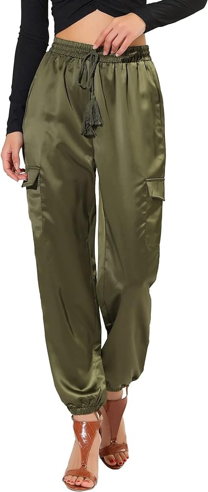 Allegra K Women's Fall Satin Joggers Drawstring Elastic High Waist Shiny Silky Satin Cargo Pants | Amazon (US)