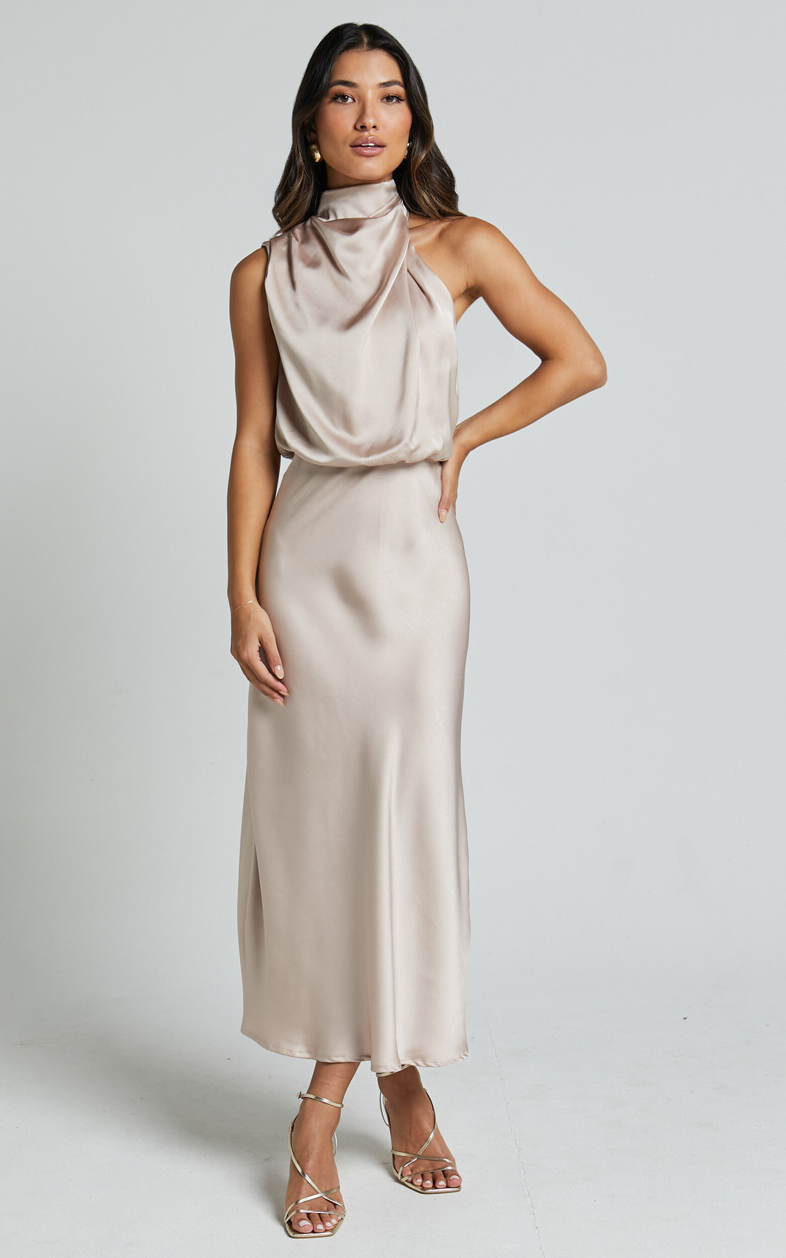 Minnie Midi Dress - Drape Neck Satin Slip Dress in Champagne | Showpo (US, UK & Europe)