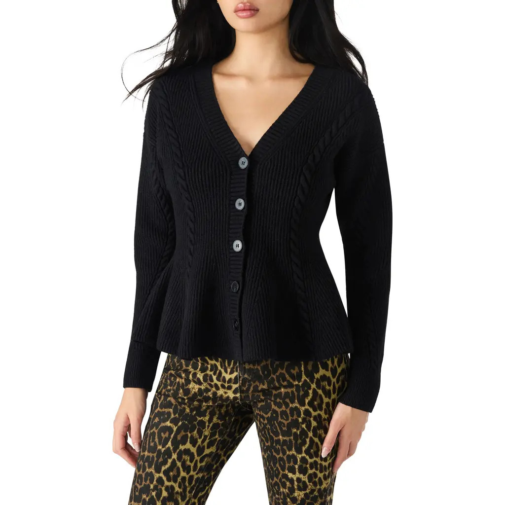 Steve Madden Courtney Rib Peplum Cardigan in Black at Nordstrom, Size X-Small | Nordstrom