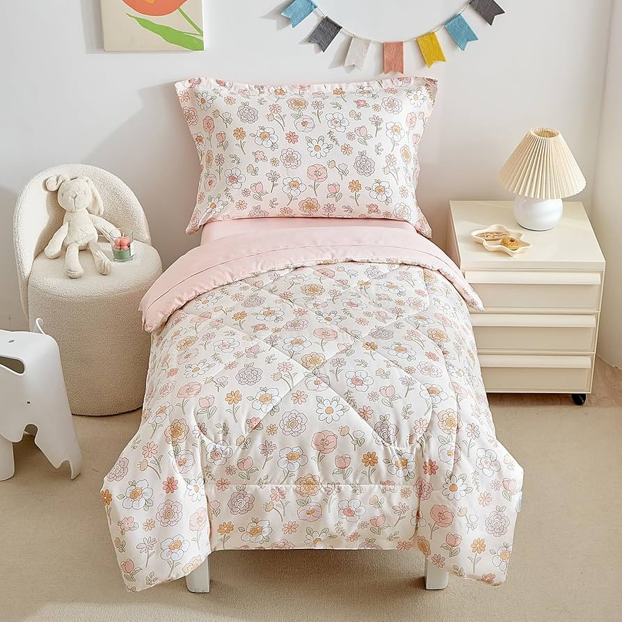 DuShow Floral 4 Piece Girls Toddler Bed Comforter Set Pink Flower Reversible Toddler Bedding Set ... | Amazon (US)