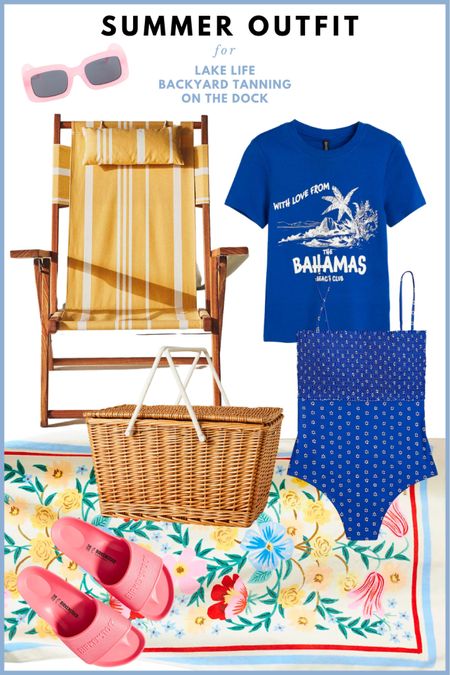 Summer outfit 2023 // beach chair, graphic T-shirt, one piece swimsuit, picnic basket cooler, beach towel, Birkenstock sandals. Vacation outfit, travel outfit, beach outfit. 

#LTKswim #LTKtravel #LTKSeasonal