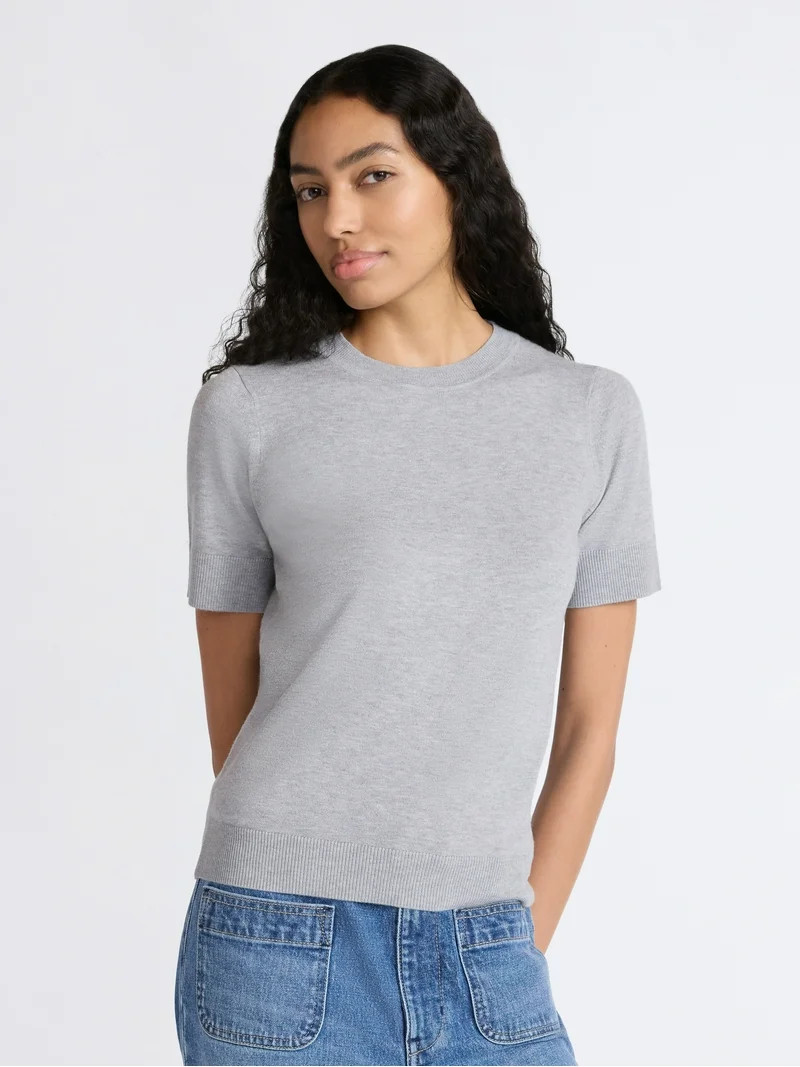 Free Assembly Women's and Women's Plus Cozy Yarn Shrunken Sweater Tee with Short Sleeves, Lightwe... | Walmart (US)