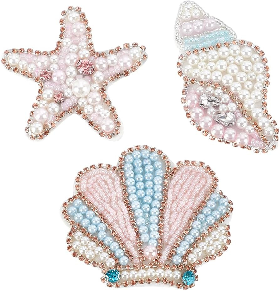 WEBEEDY 3 Styles Sea Animals Beaded Patches Pearl Applique Sewing Patches Pink Conchs Shells Star... | Amazon (US)