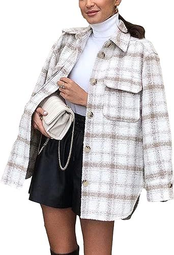 Qiaomai Women's Tweed Plaid Wool Blend Lapel Button Midi Pocketed Shacket Overshirt | Amazon (US)