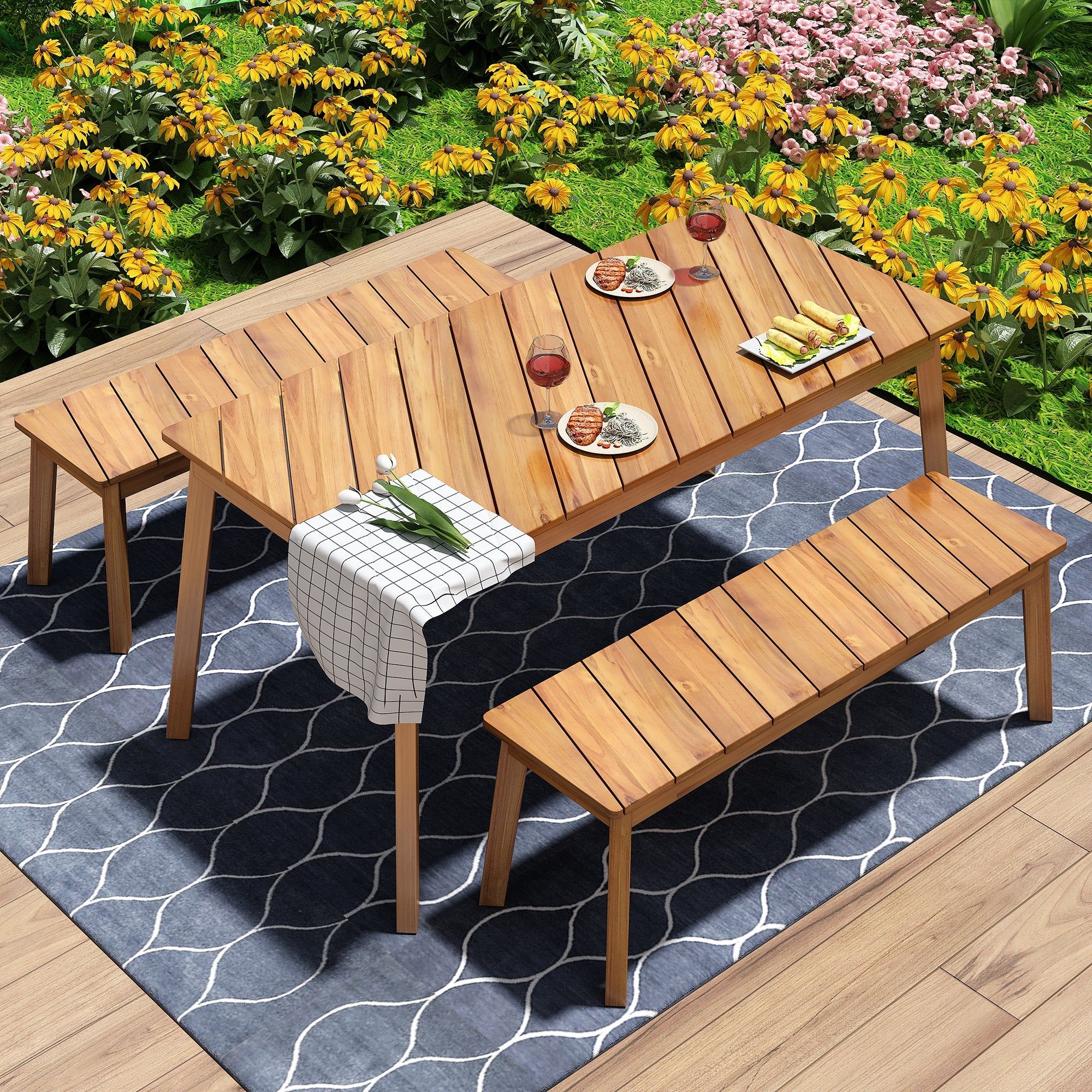 3-Piece Acacia Wood Dining Set with Dining Table and Bench | Pier 1