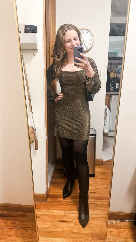 Had so much fun wearing this shimmery long-sleeve minidress for a friend’s birthday this weekend! It is definitely a body-con fit, and I’m wearing a S. These black boots are so comfy and walkable in the city! Wearing my true size 8.

#LTKSeasonal #LTKstyletip #LTKfindsunder50