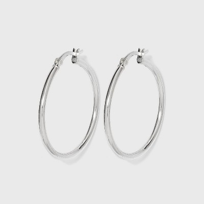 Women's Sterling Silver Hoop Earring with Click Top - Silver (30mm): Polished Nickel-Free Metal, Clip-In Clasp, 15+ Age | Target