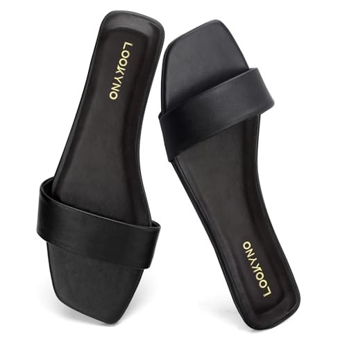 Lookyno Women's Flat Sandals Square Fashion Basic Sandals Slides Comfortable Slip On Summer for Slippers Casual Peep Toe Beach | Amazon (US)