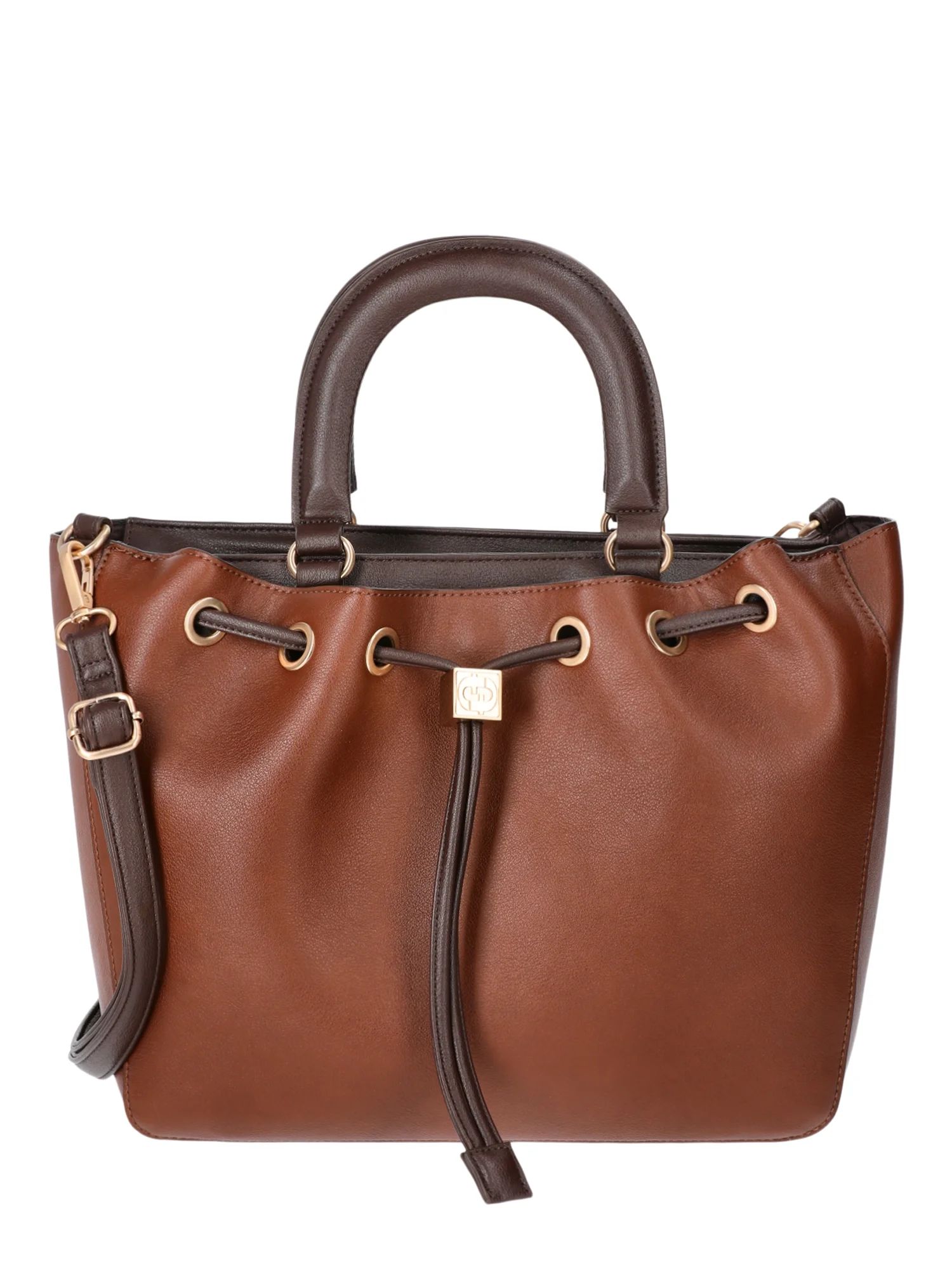 Time and Tru Women's Brynlee Faux Leather Drawstring Tote Handbag, Chestnut/Espresso - Walmart.co... | Walmart (US)