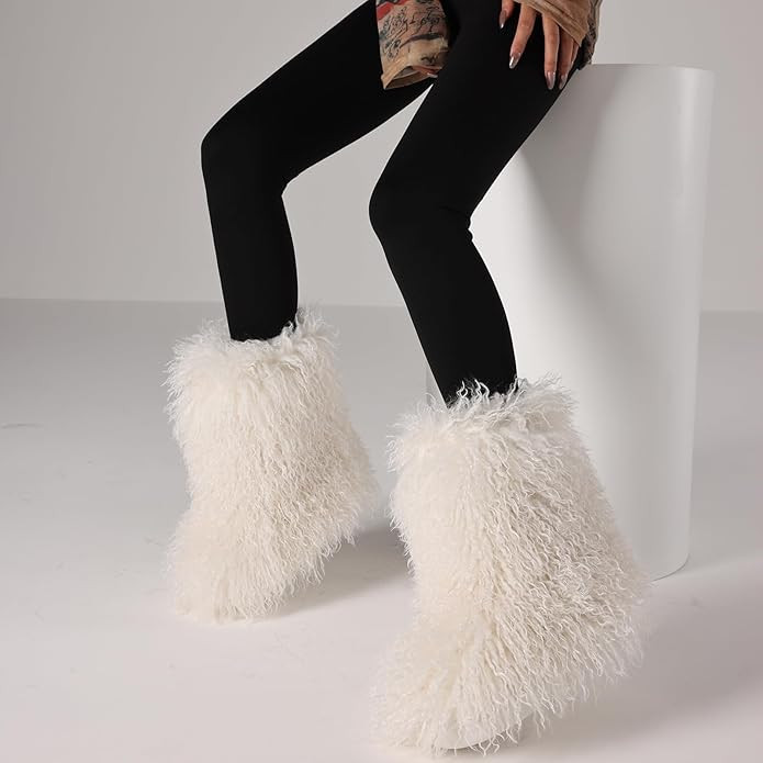 Kalstage Womens Faux Furry Boots Mid Calf Winter Platform Boots Cozy Mongolian Fur Slip-On Flat S... | Amazon (US)