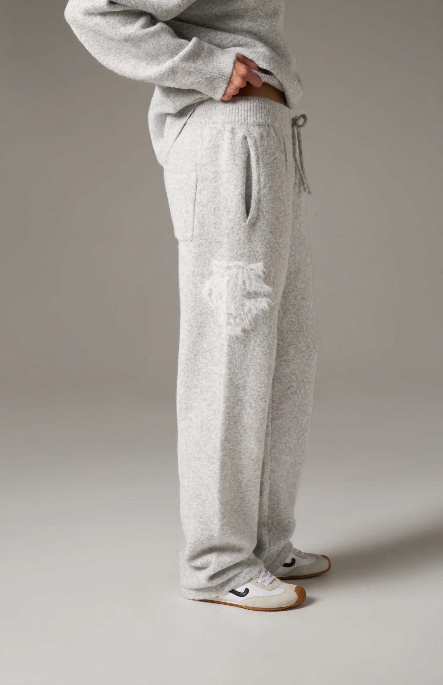 MONOGRAM FLUFFY KNIT JOGGERS - GREY MARL | The Couture Club