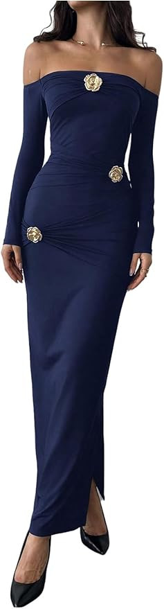 GORGLITTER Women's Flower Off The Shoulder Bodycon Maxi Dress Long Sleeve Ruched Dresses Wedding ... | Amazon (US)