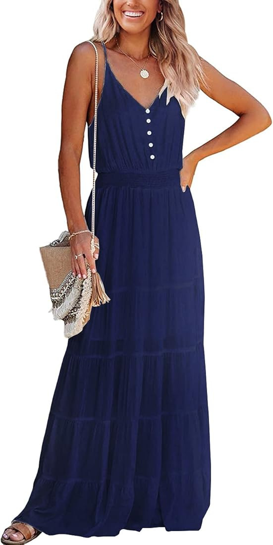 PRETTYGARDEN Women's Causal Summer Dress Spaghetti Strap Sleeveless High Waist Beach Long Maxi Dr... | Amazon (US)