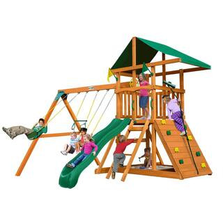Gorilla Playsets DYI Outing III Wooden Outdoor Playset with Tarp Roof, Rock Wall, Wave Slide, Swi... | The Home Depot