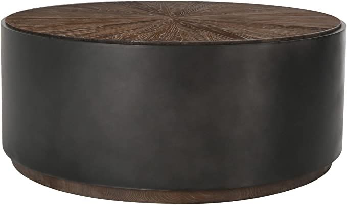 Benjara Jenny 39 Inch Wood Round Drum Coffee Table, Metal Panels, Brown and Black | Amazon (US)