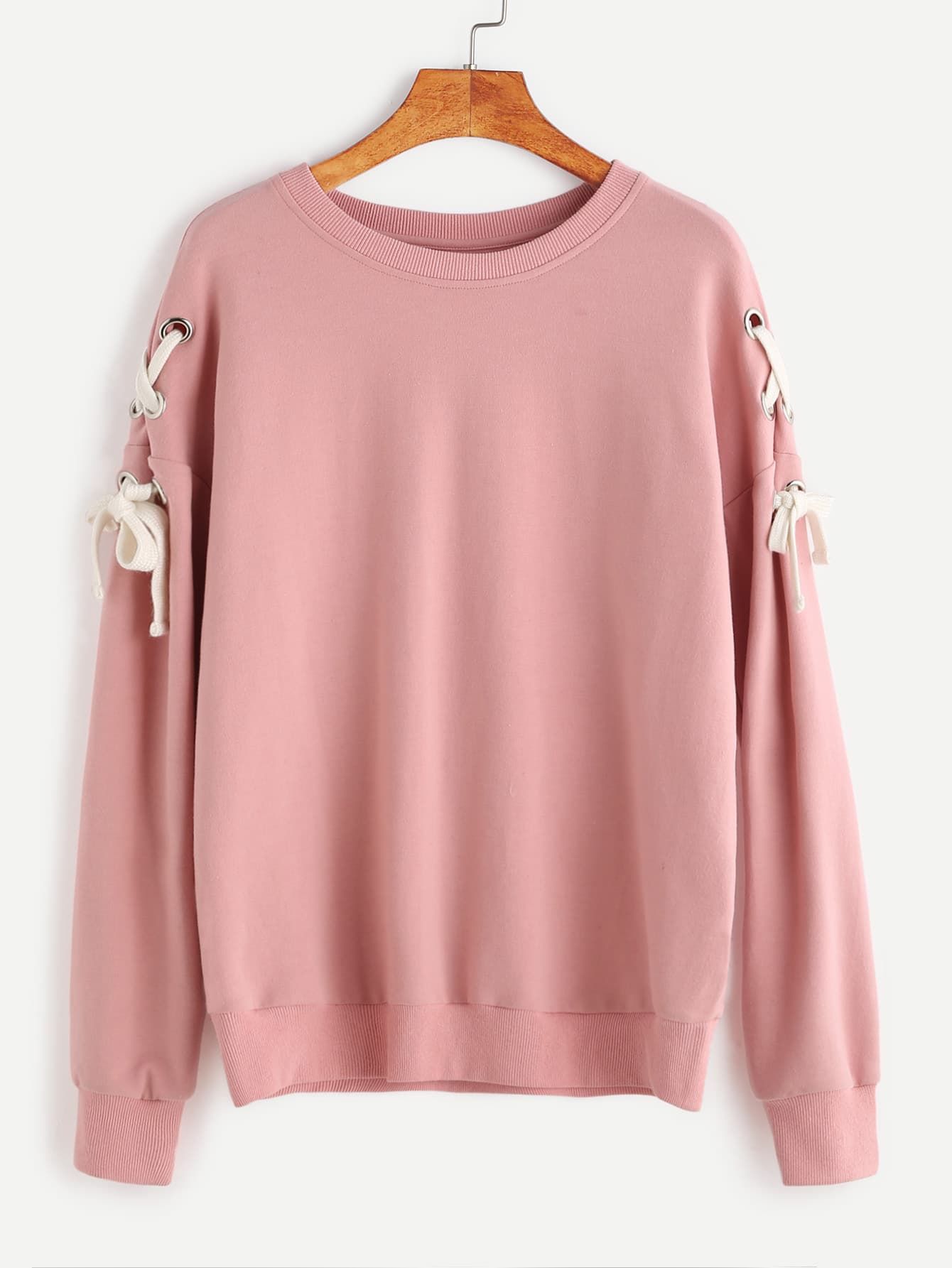 Pink Drop Shoulder Eyelet Lace Up Sweatshirt | SHEIN