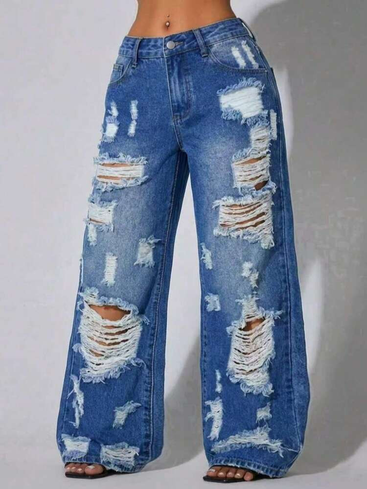 Low Waist Wide Leg Casual Blue Distressed Slant Pocket Curved Women Jeans Vacation Spring | SHEIN