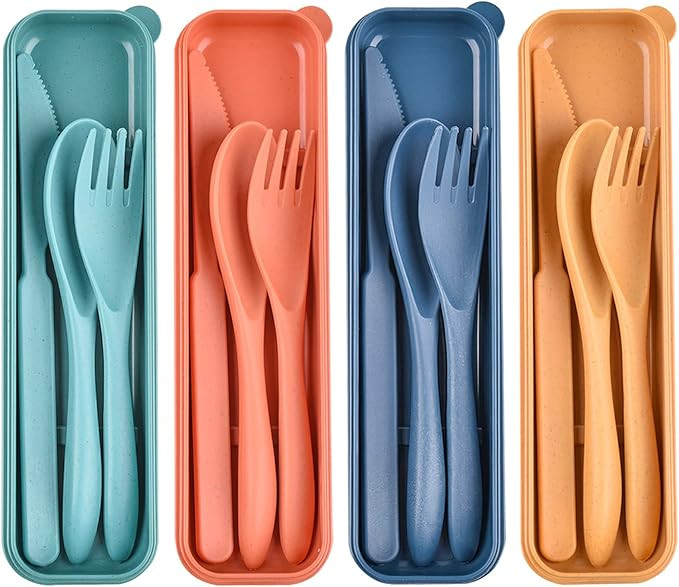 Reusable Wheat Straw Cutlery with Case, Portable Dark Utensils Set for Adults, Tableware Camping ... | Amazon (US)