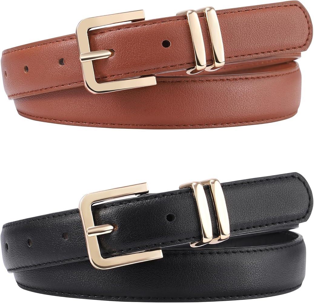 AWAYTR 2 Pack Girls Leather Belt for Kids Jeans with Gold Square Buckle | Amazon (US)