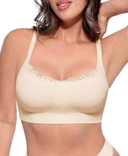 FeelinGirl Bras for Women Wireless No Underwire Lace Bralettes Full Coverage Seamless Bra Comfortable Everyday Bras Beige Gray 3XL | Amazon (US)