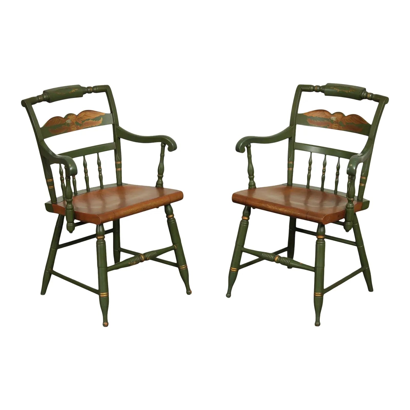 Vintage Hitchcock Green Painted Armchairs - A Pair | Chairish