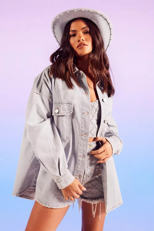 Distressed Boyfriend Shacket | Boohoo.com (US & CA)