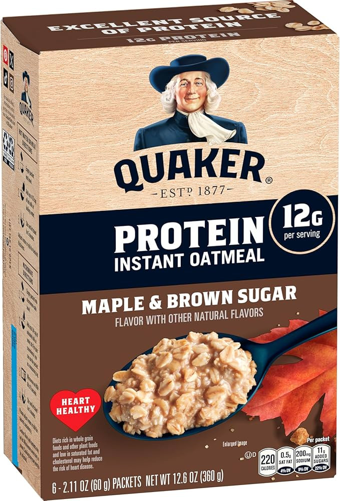 Quaker Protein Instant Oatmeal, Maple Brown Sugar, 12g Protein per Serving, Whole Grains, No Arti... | Amazon (US)