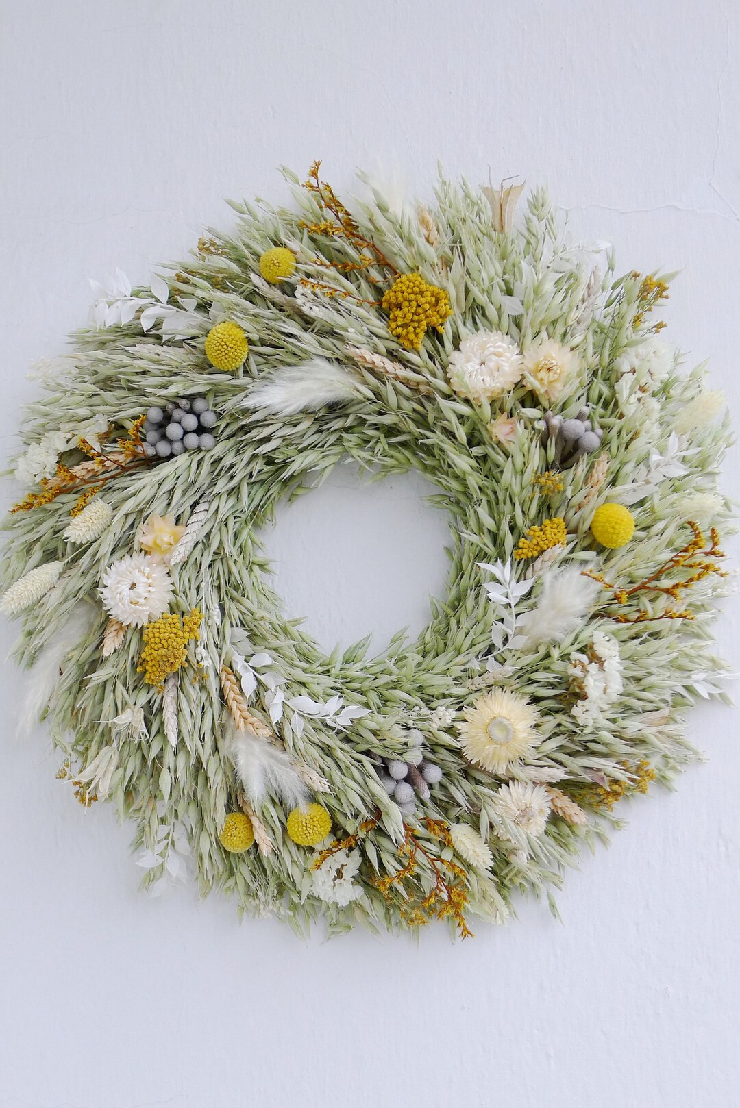 Natural dried door wreath with brunia and craspedia - natural interior walll wreath - yellow and ... | Etsy (US)