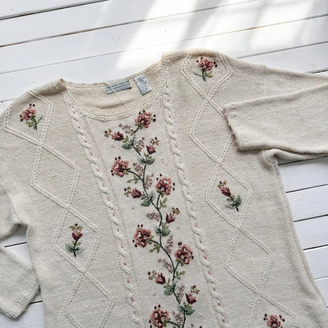Carolyn Taylor Vtg Cream Pink Floral Embroidered Sweater Size L - Etsy | Etsy (US)