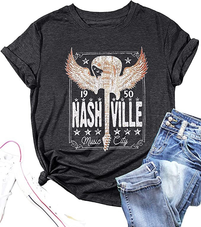 Retro Music City T-Shirt for Women Vintage Bleached Country Music Shirt Distressed Guitar Wings G... | Amazon (US)