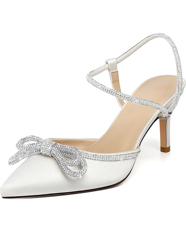 Susanny Women's Closed Toe Rhinstone Wedding Low Heel Slingback Clear Kitten Heels,Adjustable Str... | Amazon (US)
