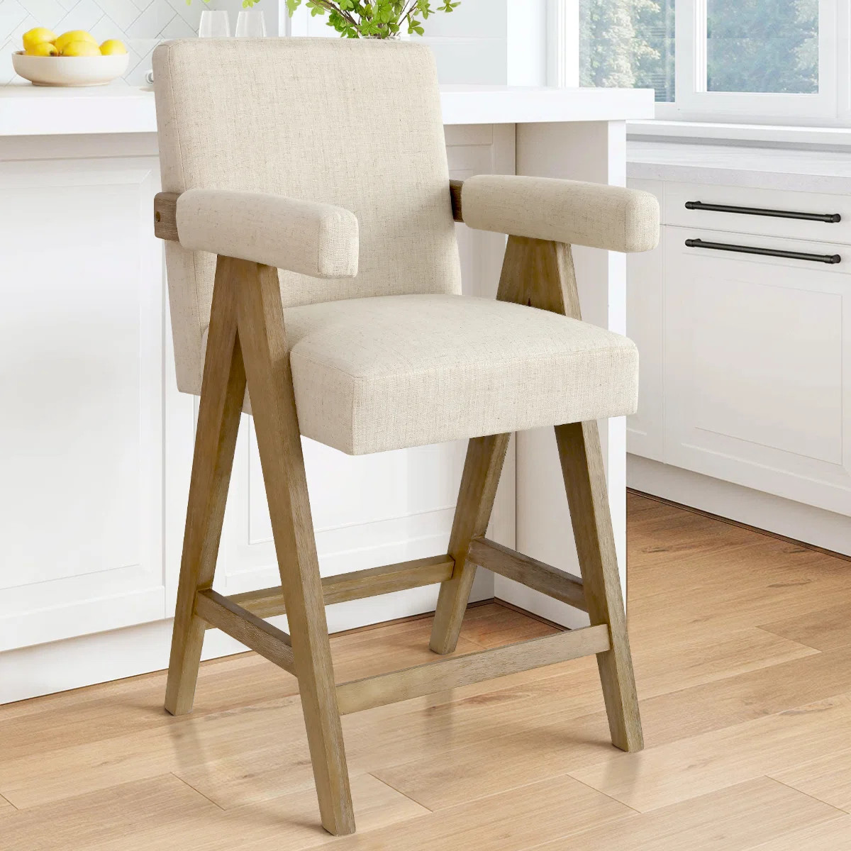 Bilon 25.5'' Linen Upholstered Wood Counter Stool with Arms | Wayfair North America