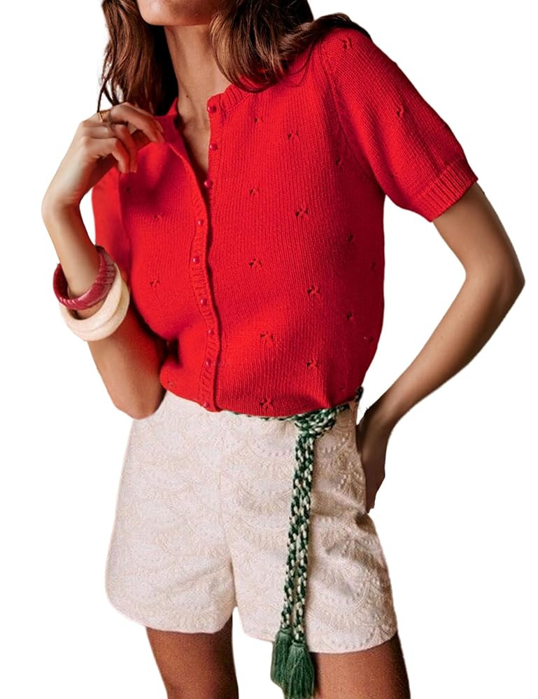 Bianstore Women's Casual Short Sleeve Crewneck Button Down Cardigan Sweater Crochet Knit Top | Amazon (US)