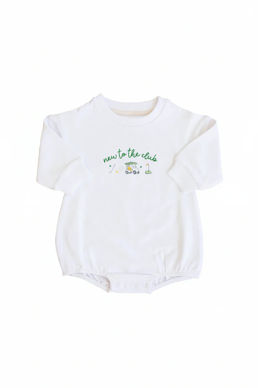 New To The Club Graphic Sweatshirt Bubble Romper | White | Caden Lane