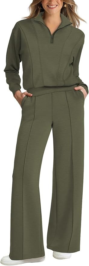 WIHOLL Womens 2 Piece Outfits Lounge Sets 2024 Half Zip Sweatshirt and Wide Leg Sweatpant with Po... | Amazon (US)
