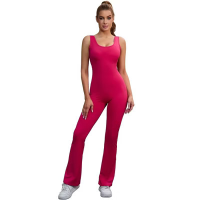 INSPIRE CHIC Women's Hollow Back One Piece Long Workout Fitness Full Body Shapers Rose Red Small | Target