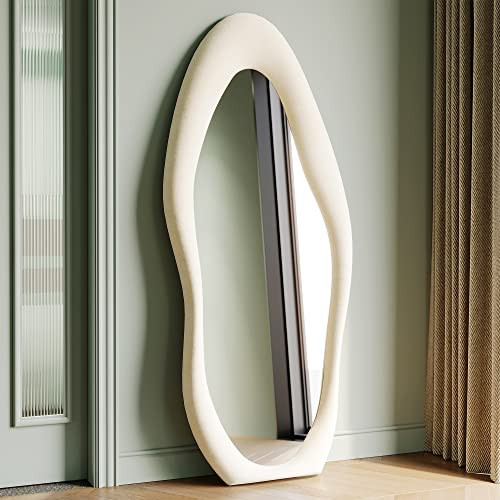 Honyee Full Length Mirror, 63" x 24" Wall Mirror, Flannel Wrapped Wooden Frame Full Body Mirror, Irregular Wavy Mirror Hanging or Leaning Against Wall for Cloakroom/Bedroom/Living Room, Ivory White | Amazon (US)