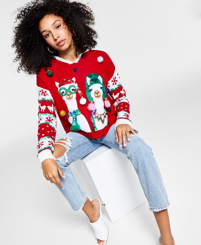 Hooked Up by IOT Juniors' Llama Christmas Knit Hoodie  & Reviews - Sweaters - Juniors - Macy's | Macys (US)