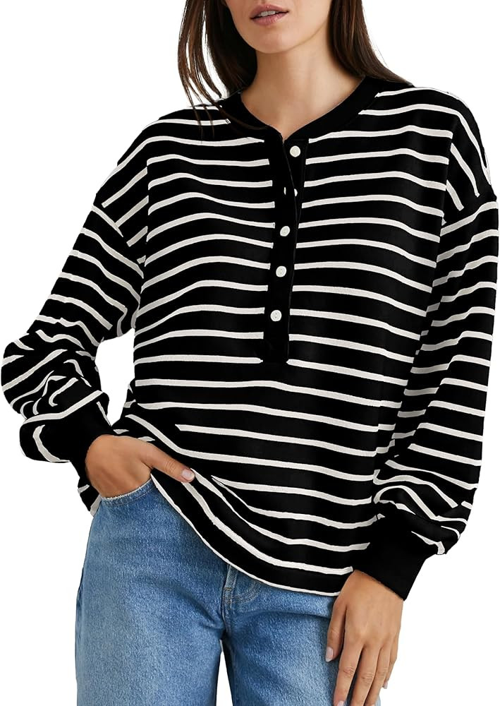 Women's Striped Oversized Sweatshirt Half Button Pullover Tops Long Sleeve Shirts Loose Drop Shou... | Amazon (US)