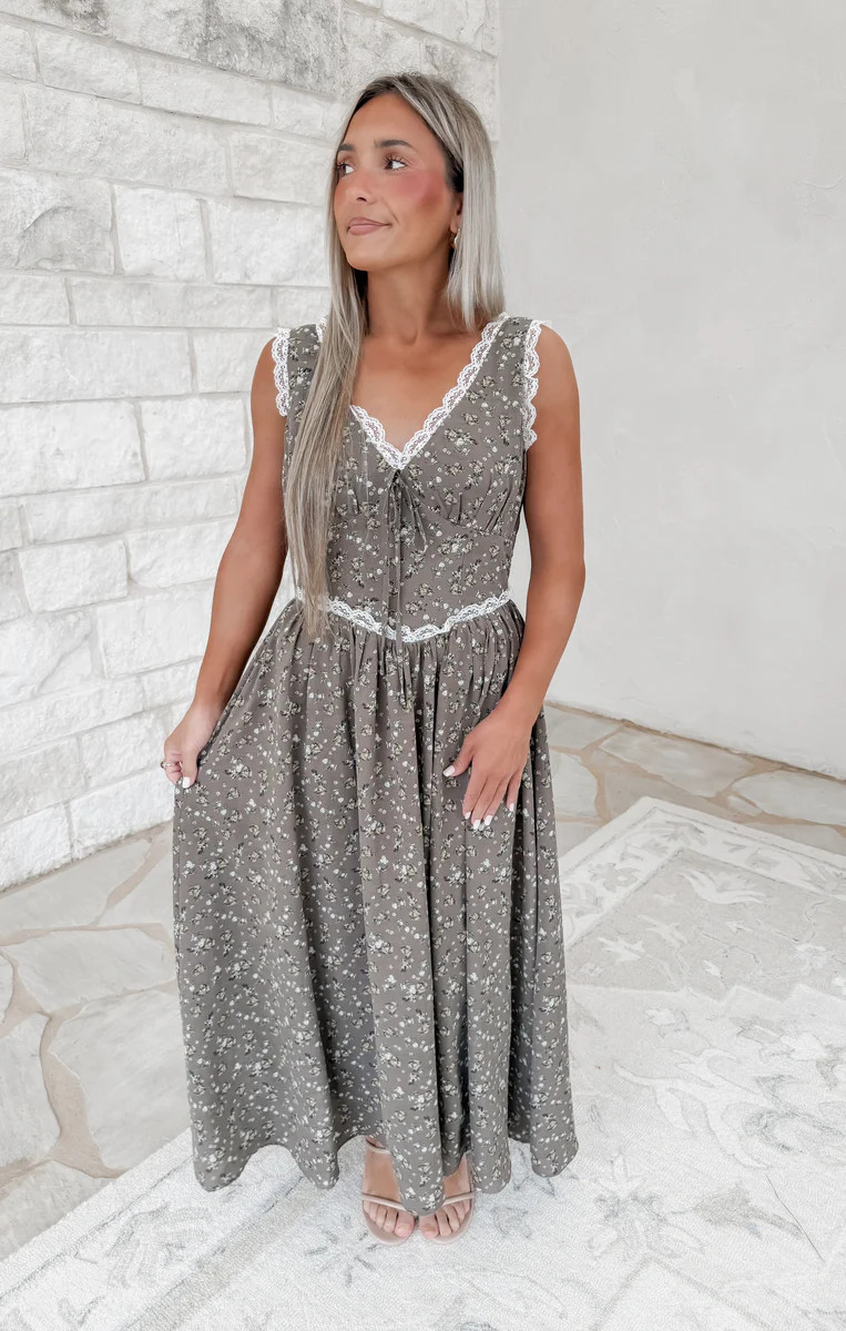 Tori Lace Trim Brown Floral Print Midi Dress | CK Squared Boutique