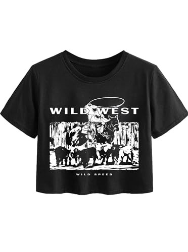 Avanova Women Vintage Cowboys Graphic Crop Top Oversized Short Sleeve Boxy Tee Shirt Black G Small | Amazon (US)