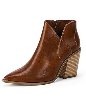 Womens Pointed Toe Ankle Boots Block Stacked Chunky Heel Cutout Side Zipper Fall Booties Shoe | Amazon (US)