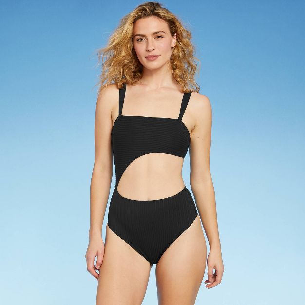 Women&#39;s Ribbed Cut Out One Piece Swimsuit - Shade &#38; Shore&#8482; Black S | Target