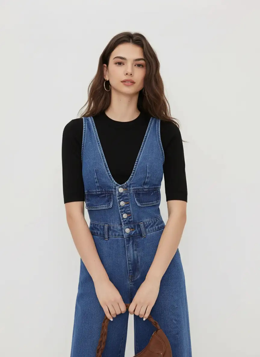 denim Denim Cider Denim V-neck Button Pocket Wide Leg Jumpsuit For Daily Casual | Cider