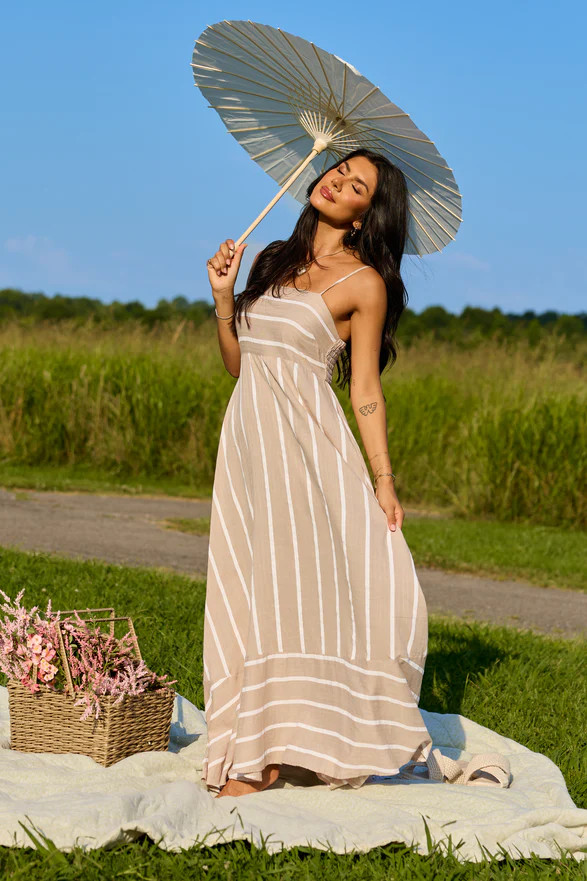 Come Sail Away Neutral Striped Maxi Dress | Pink Lily