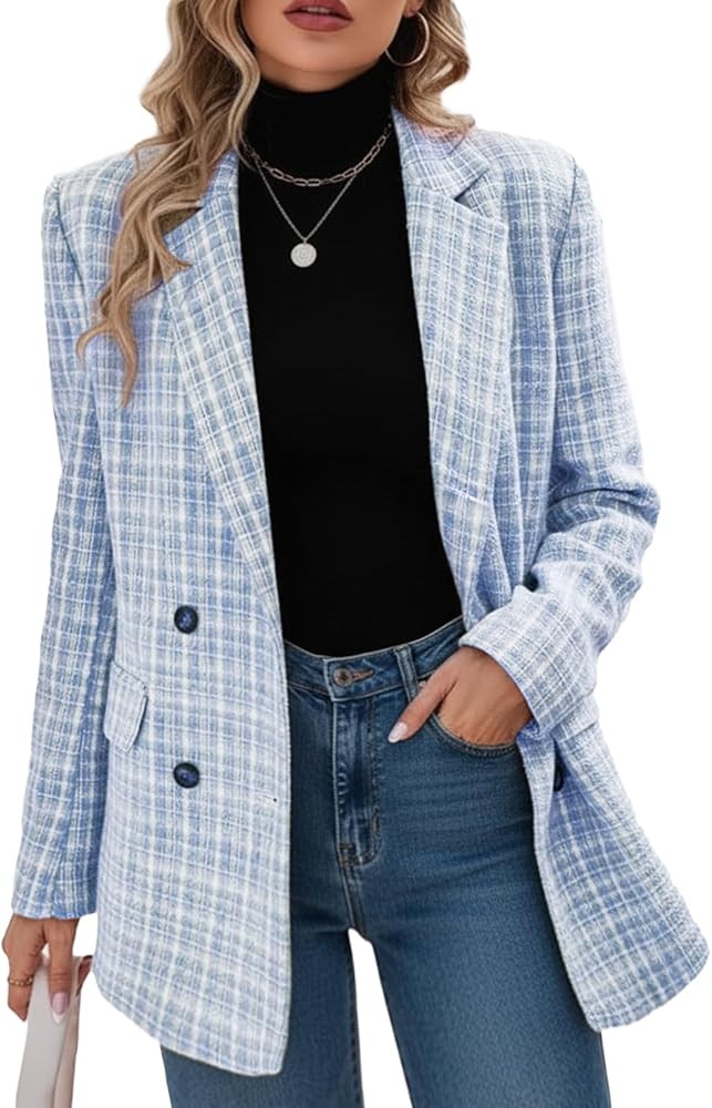 Mina Self Plaid Tweed Blazer Jacket for Women 2024 Fashion Elegant Open Front Casual Work Office ... | Amazon (US)